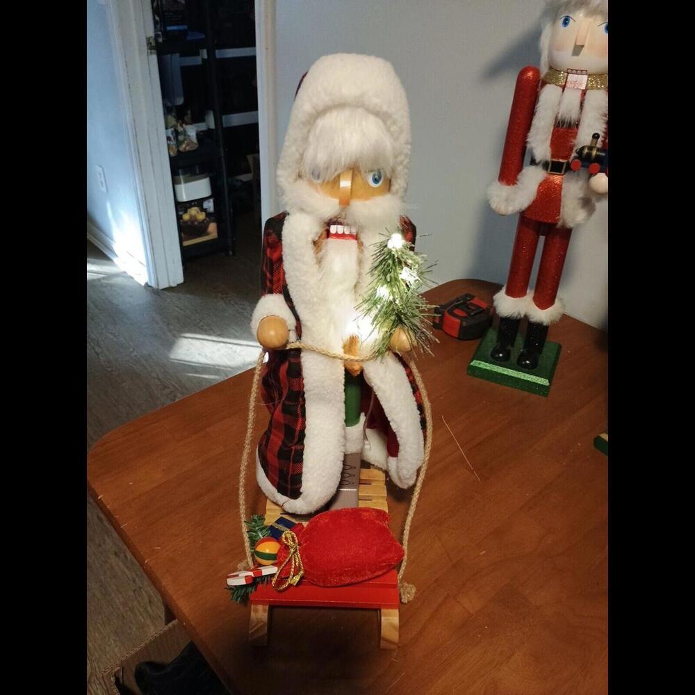 Buffalo Plaid Christmas Santa Nutcracker with Sleigh Light up Farmhouse